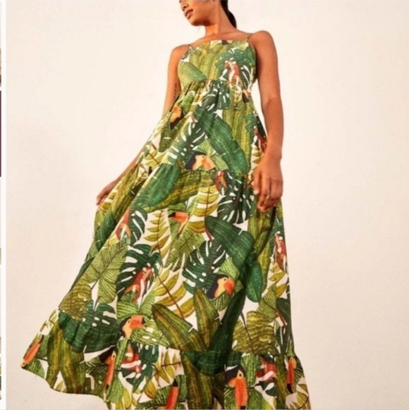FARM Rio Dresses & Skirts - FARM Rio Green Tropical Parrot Print Maxi Dress